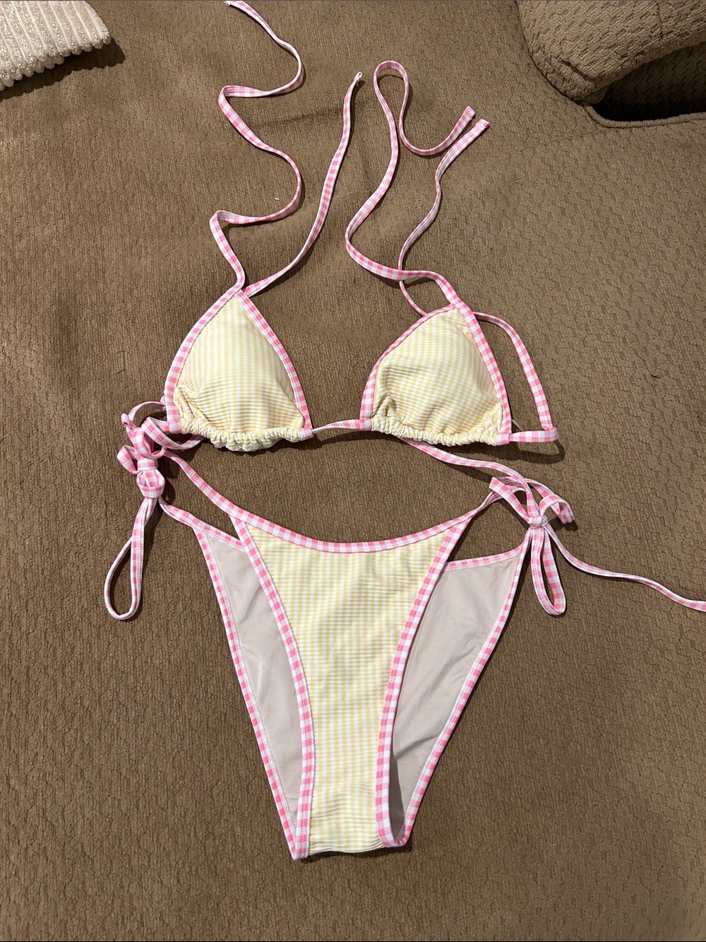 Yellow Gingham Bikini with Pink Trim